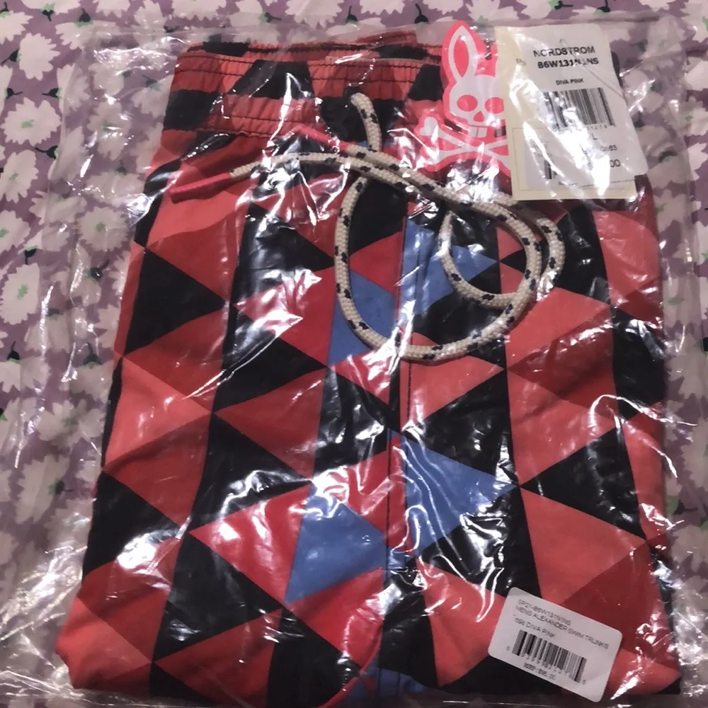 Psycho Bunny Red Blue Black Geometric Swim Trunks